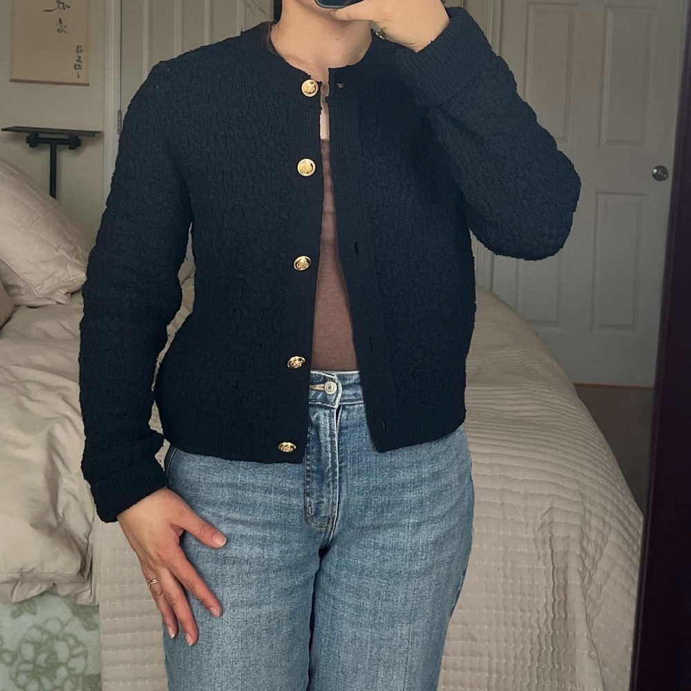 Navy Cardigan Sweater with Gold Buttons